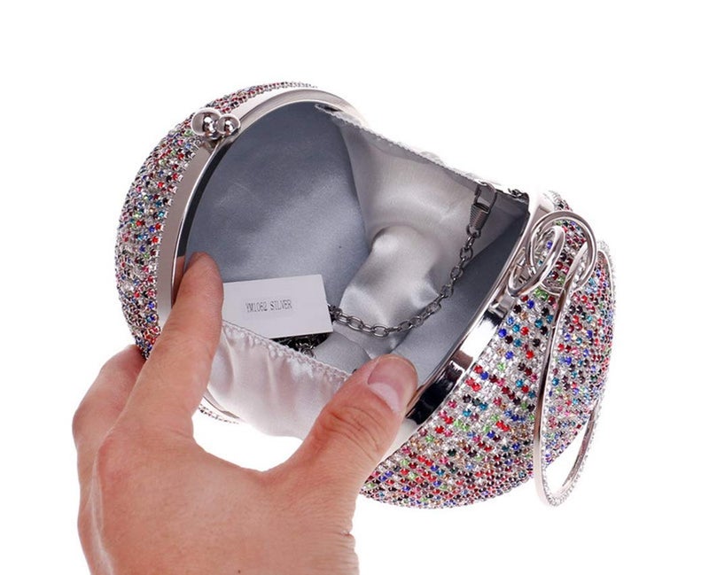 Tngan Ball Shape Clutch Purse Party Handbag Rhinestone Ring Handle Evening Bag Black White - Image 5